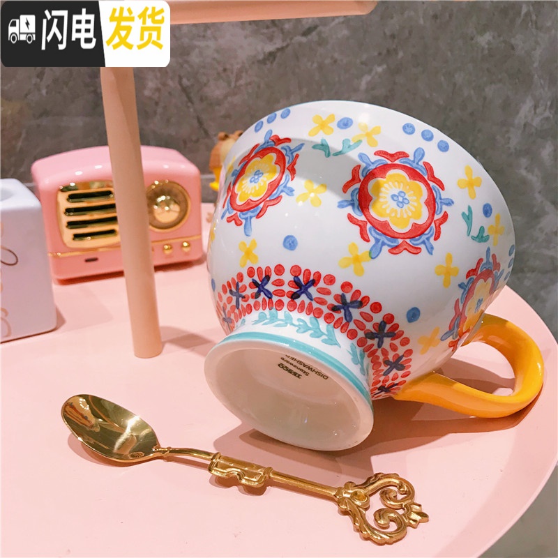 三维工匠又又海 英伦陶瓷手绘杯子彩色花朵小清新大容量早餐杯 情侣马克杯高清大图