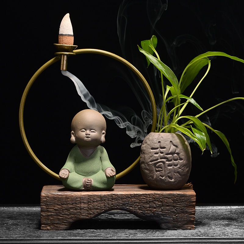 风化木小和尚倒流香香炉禅意摆件创意陶瓷香插家用茶道檀香香薰炉