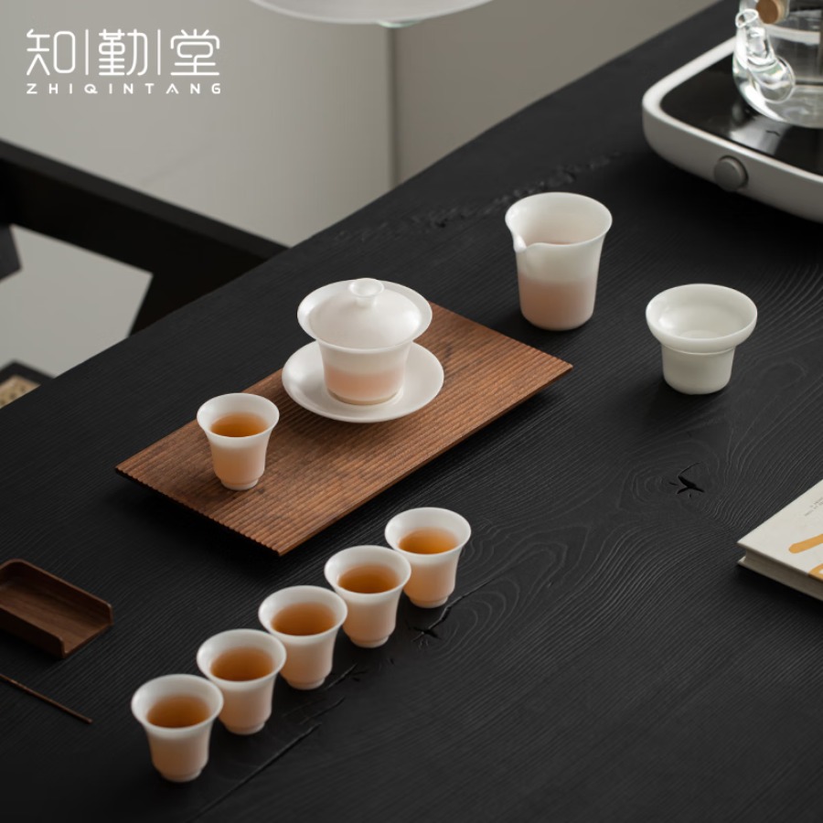 知勤堂冰种玉瓷茶具套装9件套功夫茶具整套家用泡茶轻奢送人高档礼盒装 冰种玉瓷-功夫茶具套装 (礼盒装)