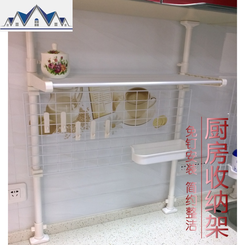 顶天立地伸缩免打孔钉可定制厨房置物架收纳带网格挂钩调料瓶 三维工匠高清大图