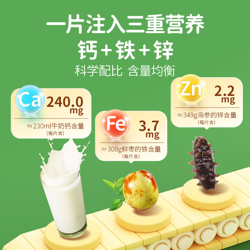康恩贝钙铁锌咀嚼片100片补钙片儿童青少年6碳酸钙3岁以上营养品 1件装