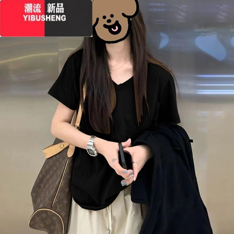 YIBUSHENG美式复古正肩V领纯色短袖T恤女港味chic宽松显瘦半袖体恤上衣服
