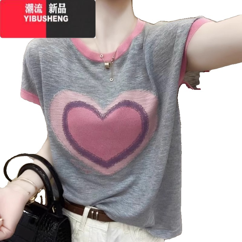 YIBUSHENG薄款针织衫新款竹节麻短袖上衣女爱心宽松减龄圆领亚麻拼色T恤高清大图