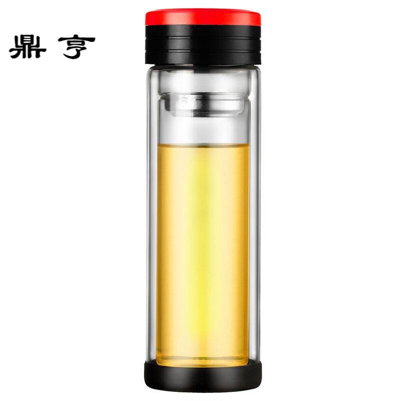 鼎亨耐热双层玻璃杯便携带盖杯子无铅过滤茶杯水晶带茶隔水杯B652
