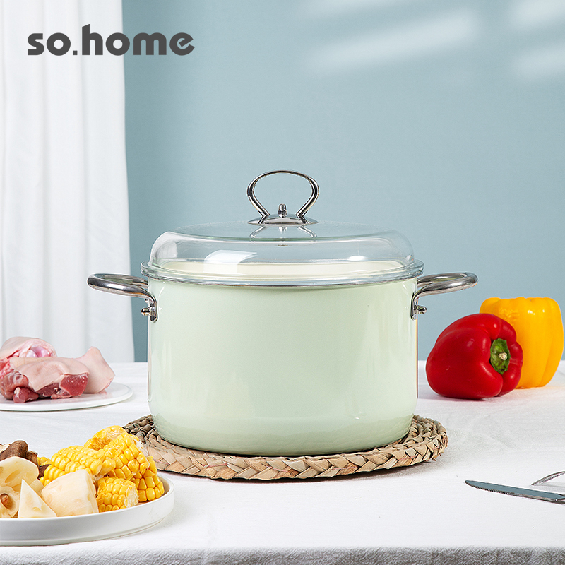 sohome珐琅不锈钢搪瓷奶锅单柄玻璃盖燃气灶电磁炉 2.0L/16cm 浅绿色