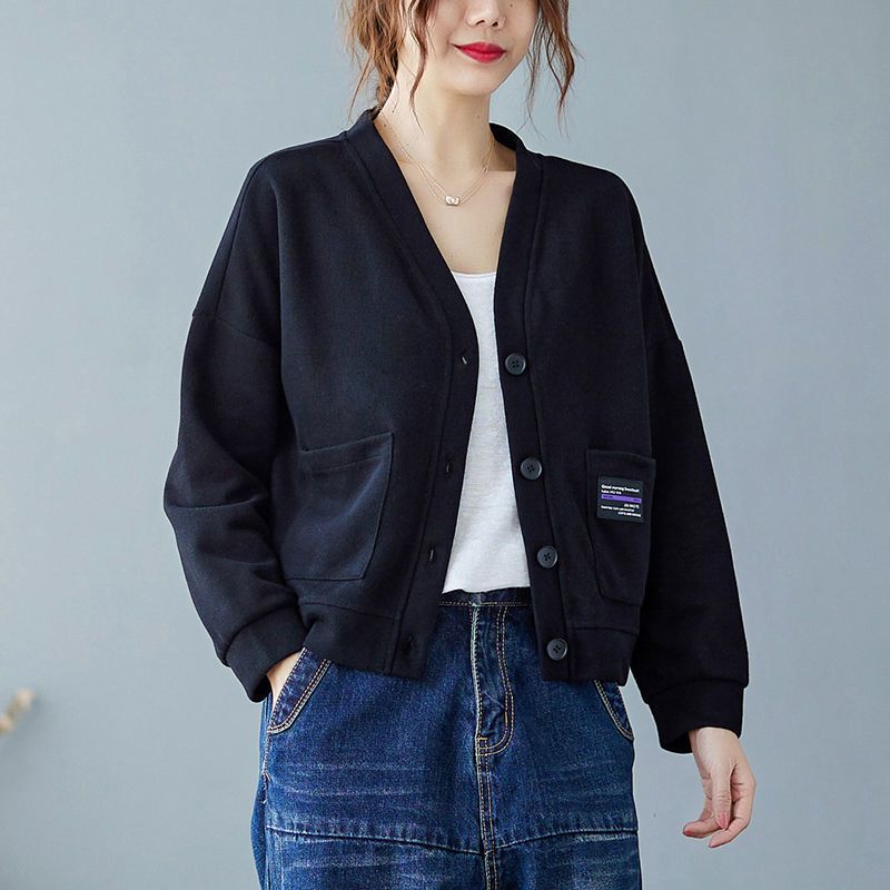 2021新款秋季上衣女韩版宽松大码时尚v领百搭减龄开衫卫衣短外套