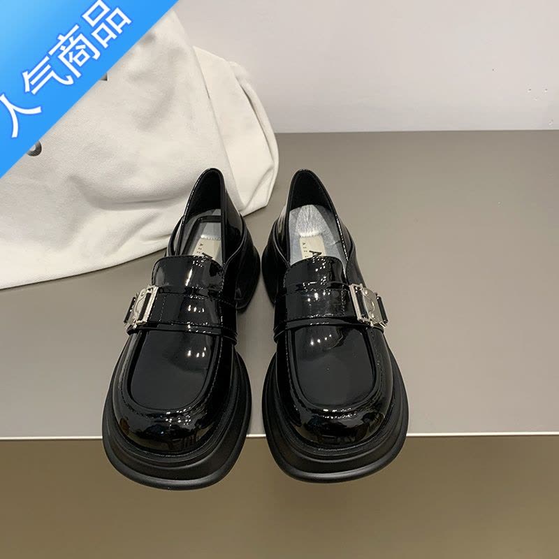 SUNTEK[moca茉卡]厚底乐福鞋女复古圆头增高小皮鞋金属扣英伦风单鞋图片