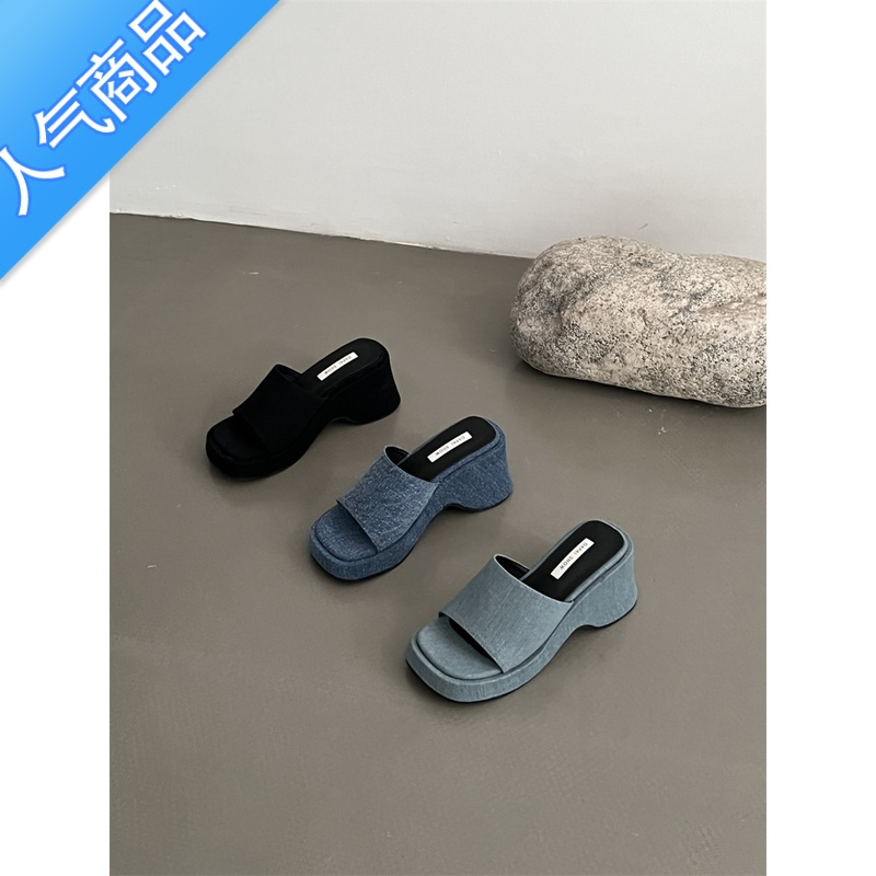 SUNTEK2023新款小个子显瘦凉拖厚底一字拖鞋增高松糕底牛仔布女外穿凉鞋