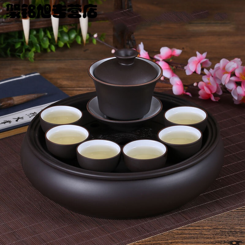 现代茶具套装家用功夫紫砂茶盘茶杯整套泡茶简约圆形茶壶杯具套装