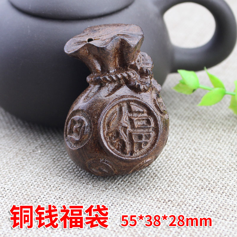 天然皮灰木雕手把件越南土沉香木皮黑文玩核桃葫芦貔貅狮子头招财 铜钱福袋