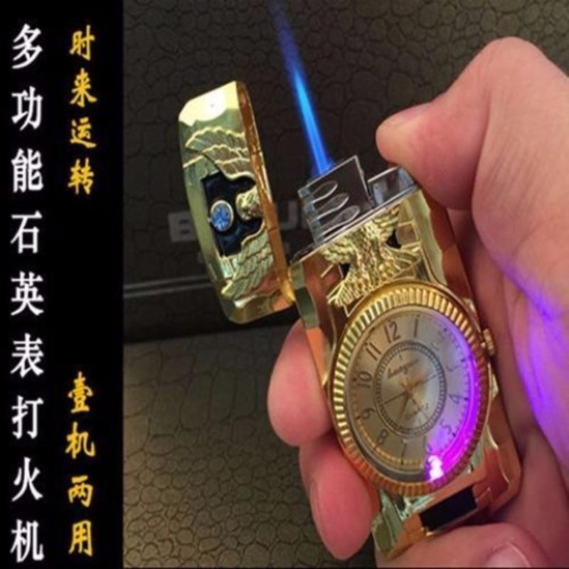 创意防风充气打火机带七彩灯电子真手表闪灯创意手表打火机点烟器 老鹰金色