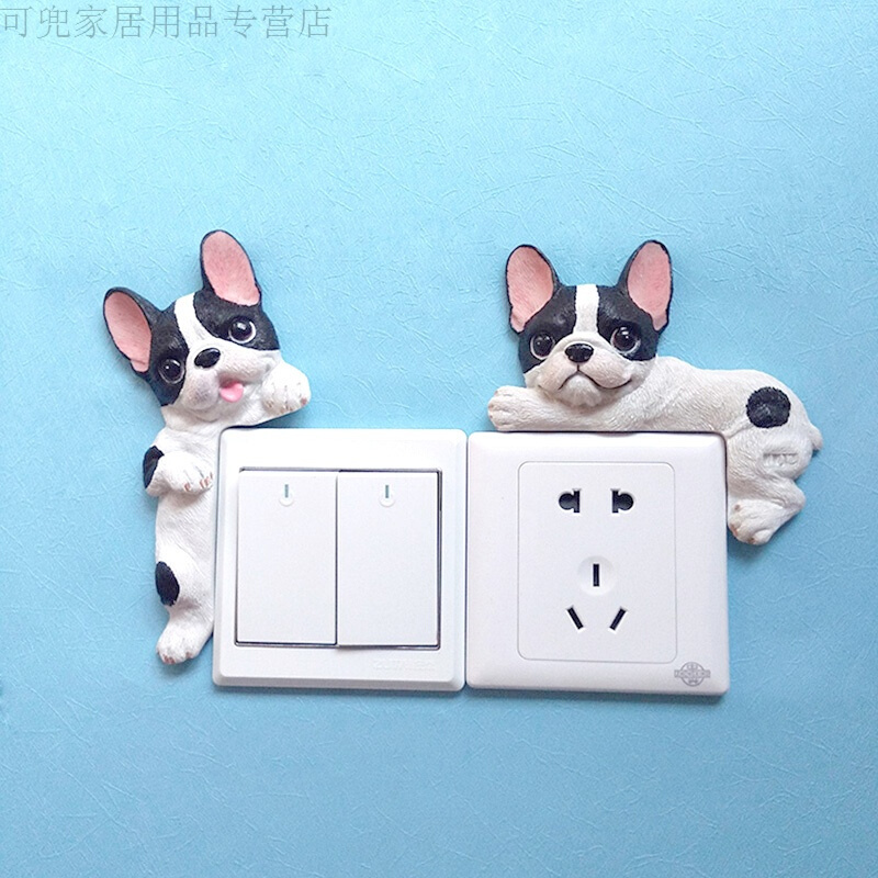 18新款时尚法国斗牛犬开关贴树脂3d开关套帖汪星人法斗插座帖墙贴好品质