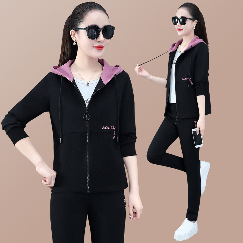 2021新款休闲运动服套装女士春秋大码连帽卫衣韩版显瘦时髦三件套视频