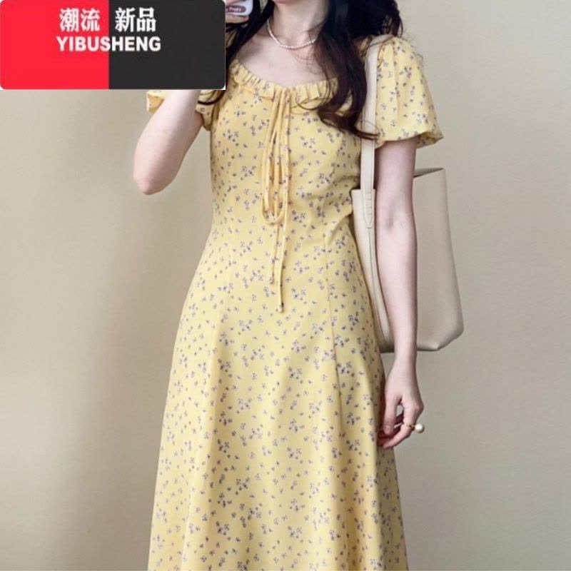 YIBUSHENG2024新款法式荷叶边泡泡袖碎花连衣裙子女季小众设计感收腰长裙图片