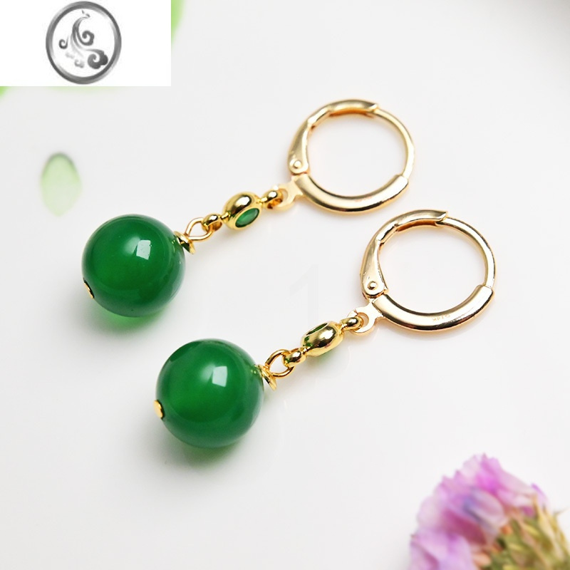 jimi原创设计绿玉髓耳环14k包金耳扣简约水晶圆球耳坠时尚耳饰