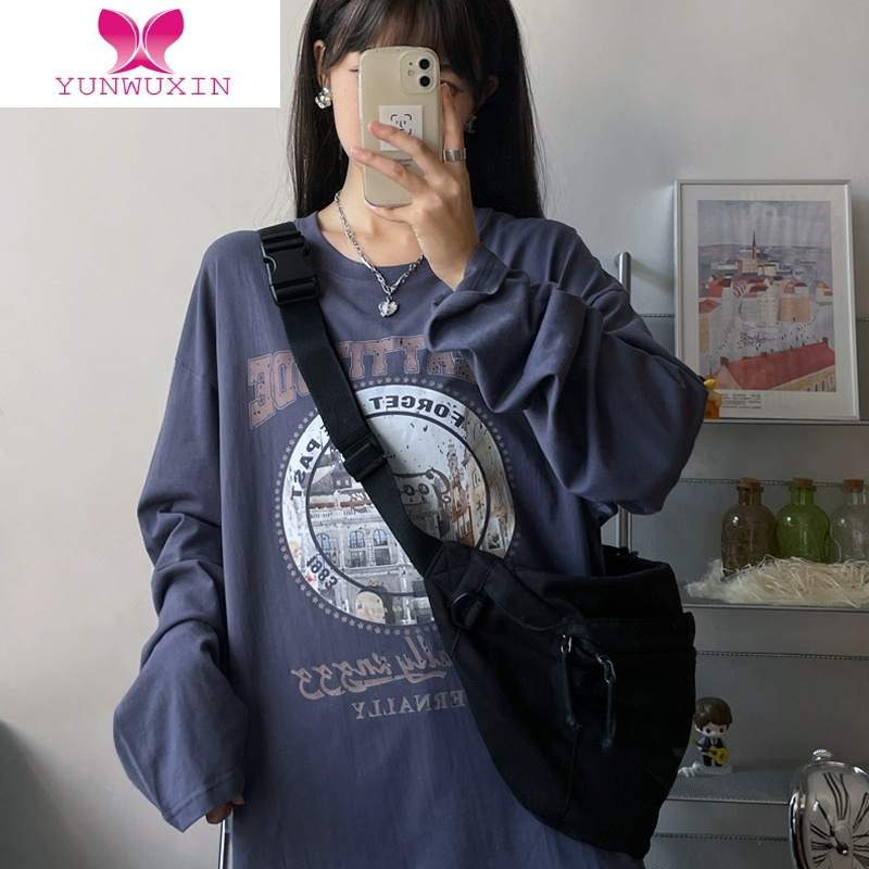 yunwuxinins潮韩版圆领长袖t恤女薄款慵懒风宽松bf设计感小众上衣