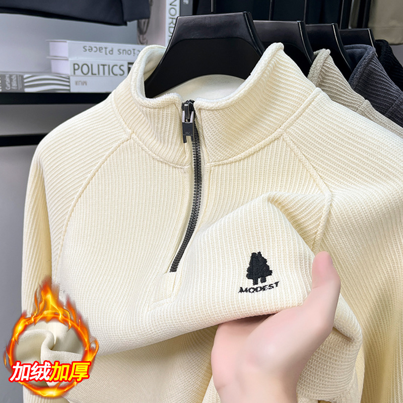 加绒保暖半拉链领男士针织衫2025冬季新款休闲时尚打底卫衣男 米色 XL