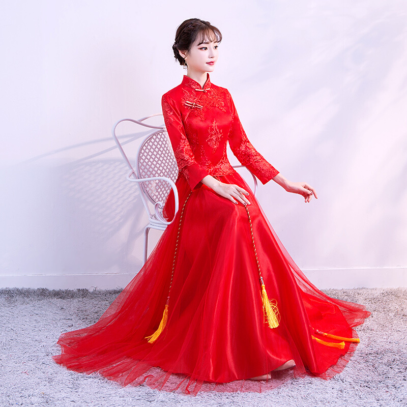 红色敬酒服新娘秋冬季中式婚纱礼服长款长袖秀禾服2018新款结婚女