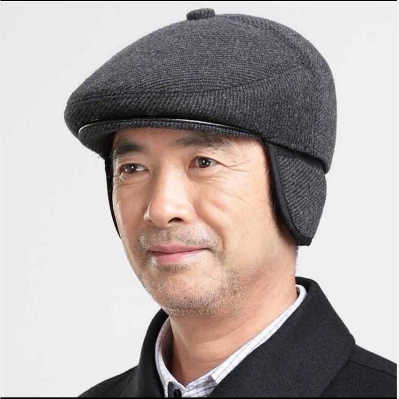中老年男帽子冬加厚护耳保暖鸭舌帽子秋冬季爷爷爸爸老人帽子纯灰加棉