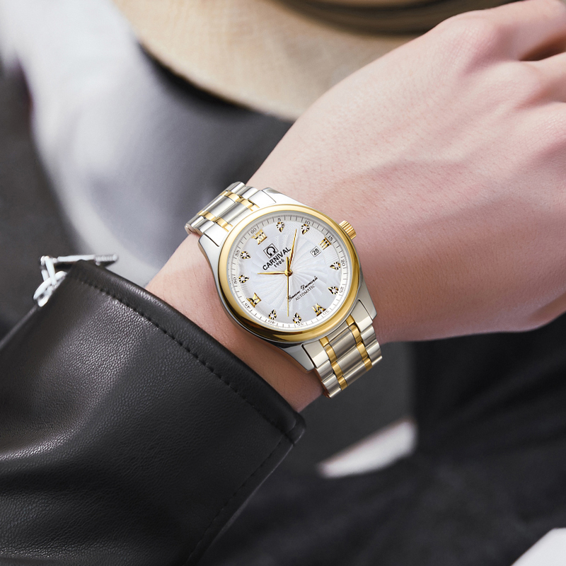 瑞士嘉年华CARNIVAL手表 名匠商务系列男士全自动机械表 男日历防水大三针背透带时尚商务男表腕表8828G水钻款精钢高清大图