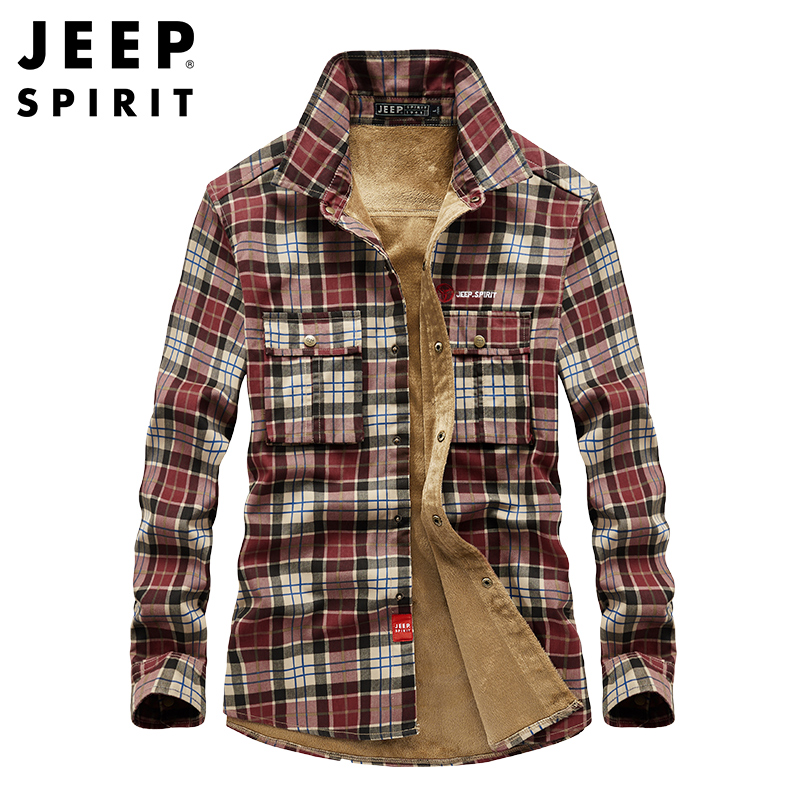 JEEP SPIRIT吉普男士衬衫工装纯棉加绒加厚保暖衬衣户外简约休闲格纹长袖衬衫