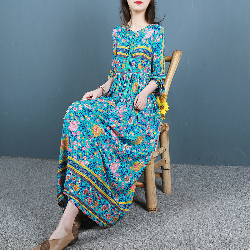 复古民族风棉质印花连衣裙女春夏季长款大摆裙宽松波西米亚长裙子