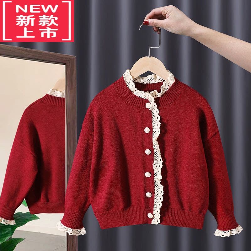 可莉允女童韩系针织开衫童装2022秋款儿童宝宝春装洋气蕾丝花边薄款毛衣图片