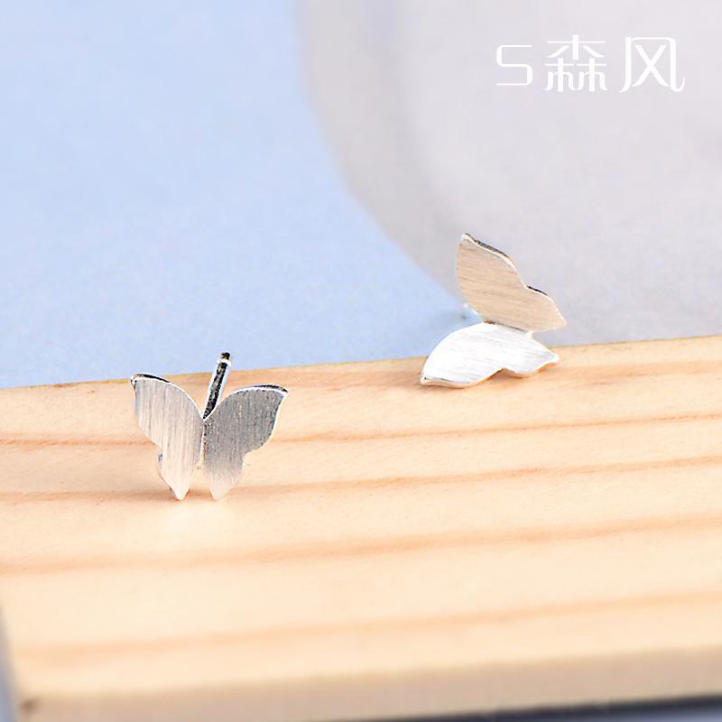 925纯银耳钉女士小耳丁小清新简约拉丝蝴蝶耳钉韩国银饰品女学生送女朋友老婆生日礼物送女朋友七夕情人节礼物