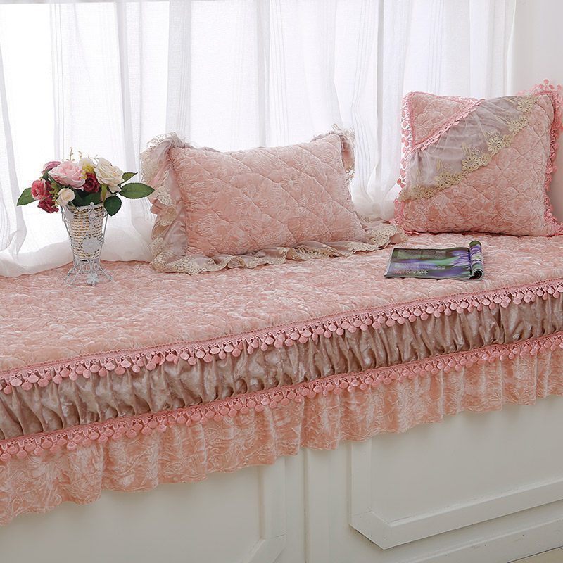 汐岩飘窗垫欧式防滑榻榻米垫四季通用窗台垫阳台垫子可裁剪飘窗坐垫厚 伯爵夫人水晶粉(77+28裙摆)*210cm