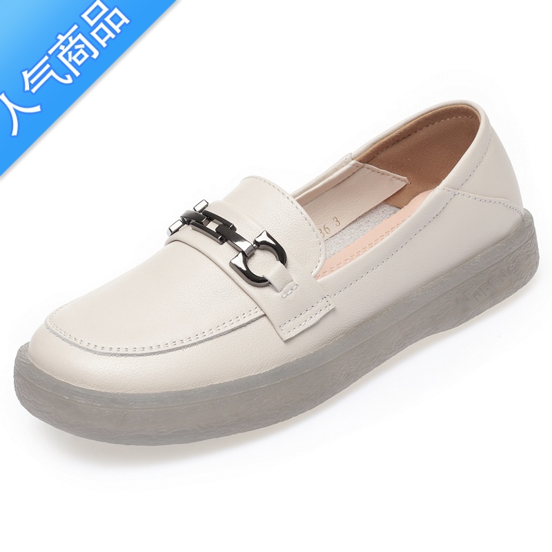 SUNTEK乐福鞋女2023秋季新款女鞋平底软底豆豆单鞋牛筋底休闲妈妈小白平高清大图