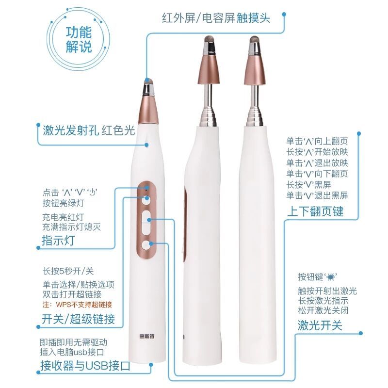 惠斯特i6 不锈钢可伸缩教鞭PPT翻页笔 usb充电遥控翻页器 电子白板互动教学一体机触控笔教师激光教鞭多功能 白色