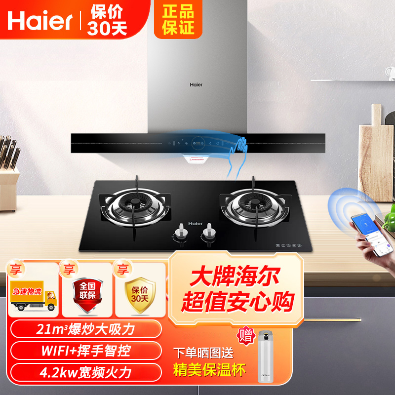 Haier/海尔欧式抽油烟机烟灶套装烟机灶具套装 爆炒21立方大吸力油烟机+4.2KW天然气灶ET901U1+Q235天