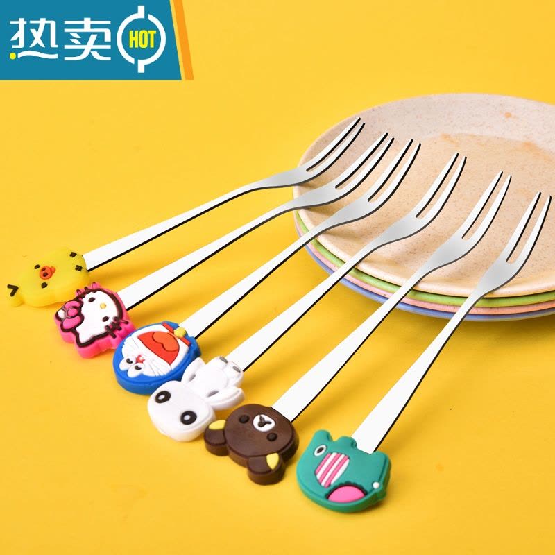 敬平宝宝水果叉子小不锈钢安全创意可爱卡通家用儿童水果叉水果签果插 D款卡通水果叉6个+4个水果盘(送收纳盒)图片