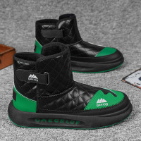 冬新款皮面防水雪地靴男款加绒加厚保暖防寒高帮棉靴潮流男鞋 黑绿 44