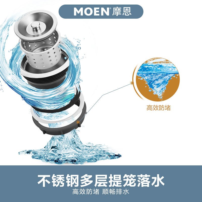 摩恩(MOEN)304不锈钢厨房水槽套餐台上台下双槽大小槽洗菜盆洗碗槽布莱德28106双槽高清大图