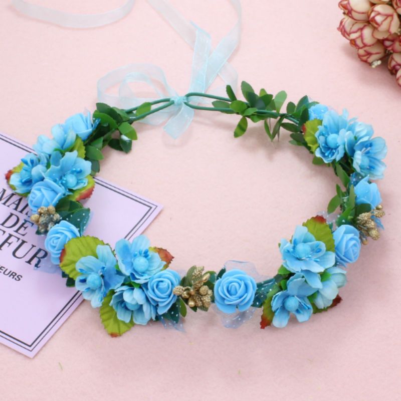 森女花环仙女发环发带花圈韩式新娘头饰海边度假拍照写真发圈发饰 蓝