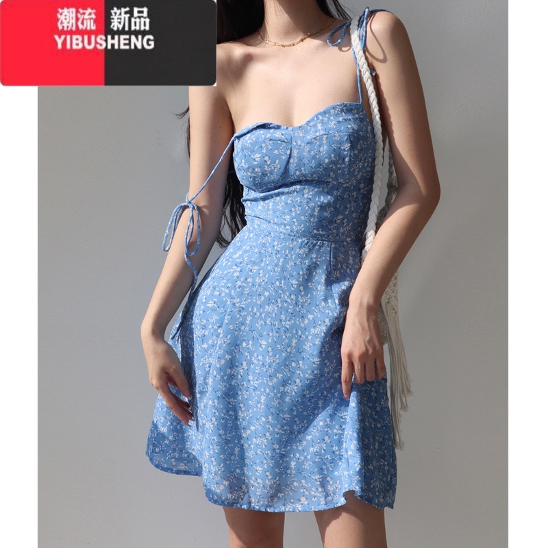 YIBUSHENG法式纯欲风别致蓝色系带碎花连衣裙女收腰显瘦小个子A字吊带短裙高清大图
