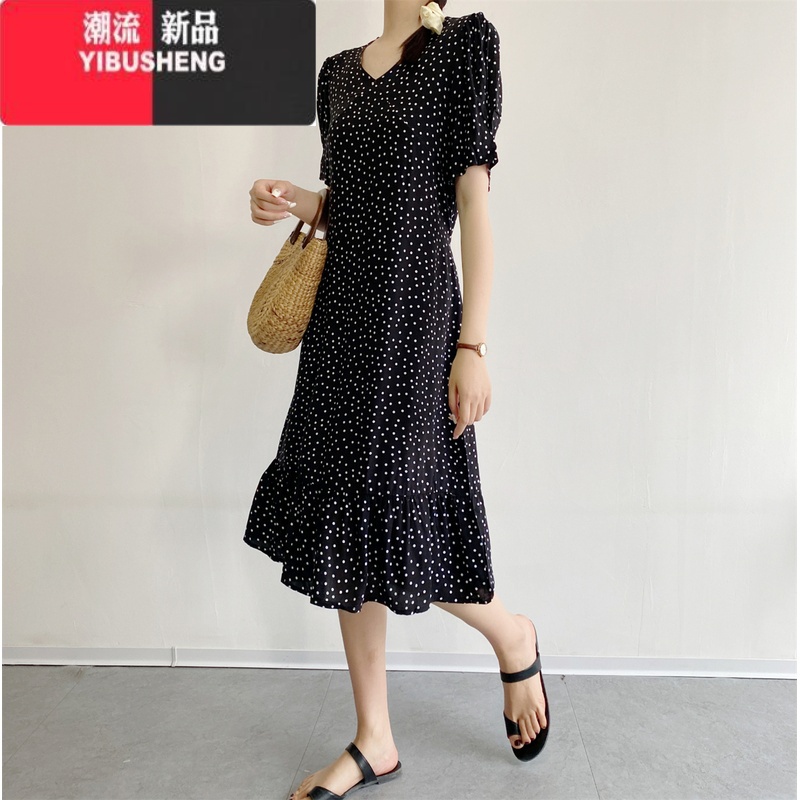 YIBUSHENG棉绸碎花短袖连衣裙女波西米亚沙滩裙人造棉海边渡假裙绵绸裙子高清大图