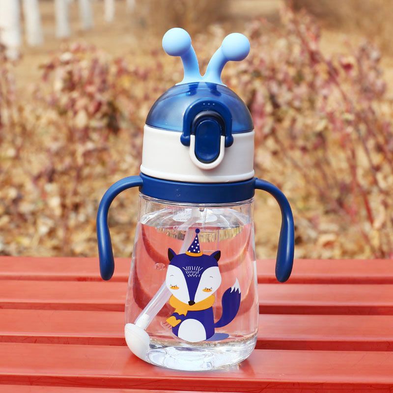 儿童带手柄塑料水杯幼儿园宝宝吸管杯夏季带刻度便携杯子卡通可爱350