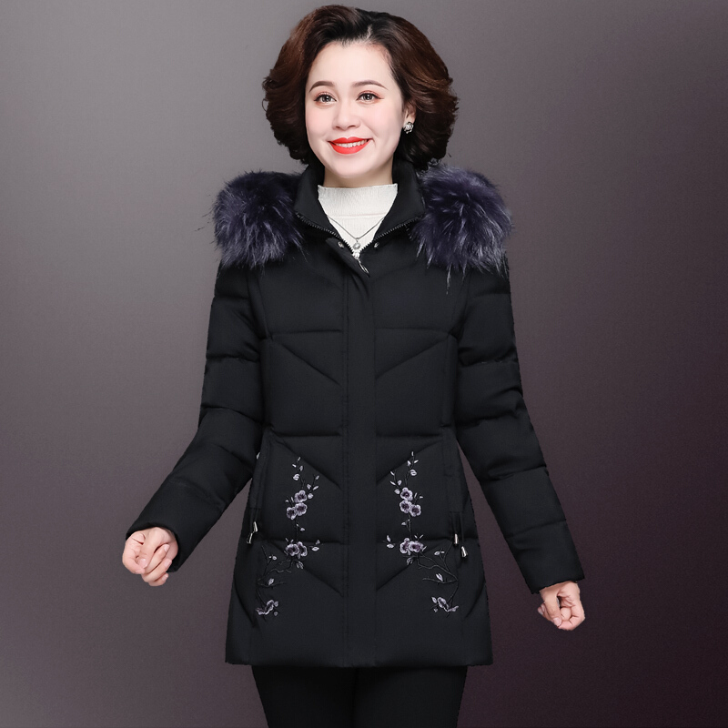老年棉衣女中长款连帽外套服冬季妈妈装宽松大码加厚棉袄品牌女装参数