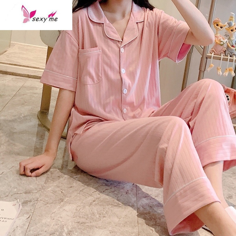 睡衣女夏棉短袖长裤洋气韩版简约休闲居家薄款家居服两件套 FISH BASKET