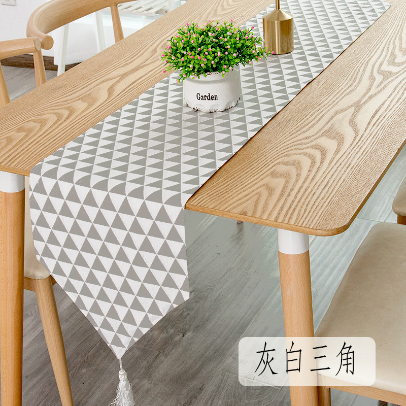 北欧桌旗现代简约茶几桌旗布长条餐桌茶台布艺鞋柜布盖巾床旗尾巾 灰白三角 30*100cm（适合60cm左右小桌和_296