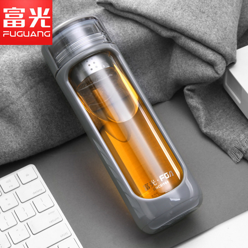 富光(FUGUANG)塑玻杯 FG0113-350 350ML 新品玻璃杯 耐热玻璃水杯 塑玻双层茶杯 创意过滤带盖杯子