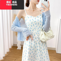 YIBUSHENG森系气质小个子樱桃吊带裙女装法式甜美收腰碎花连衣裙外搭罩衫