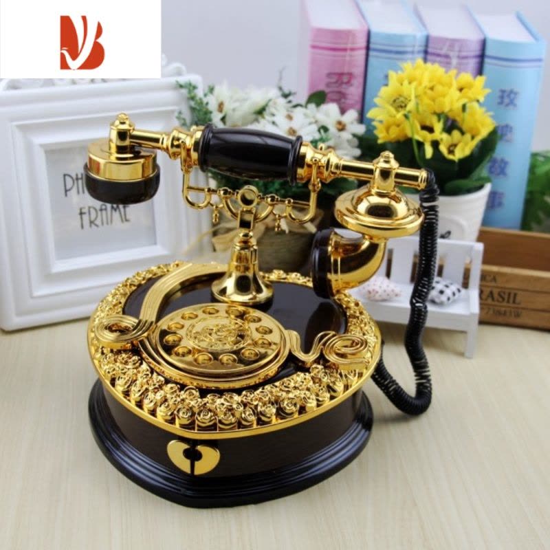 三维工匠复古老式拨盘心型电话机八音盒欧式电话收纳音乐盒酒吧咖啡厅摆件 电话音乐盒白金色图片