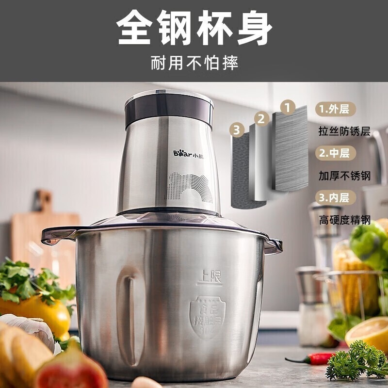 小熊(Bear) 绞馅机碎肉机电动多功能料理 搅拌 打肉 馅蒜蓉机切碎机 2L 银色全钢机身 2L QSJ-D03W5高清大图