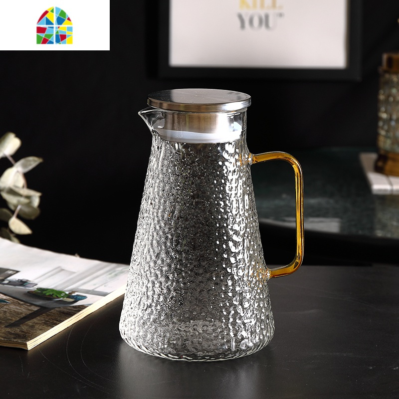 封后北欧风冷水壶家用玻璃凉白开水壶凉水杯套装创意耐热高温水壶客厅 FENG 1壶方柄+6锤纹矮杯+金6杯架+墨绿大凉水壶