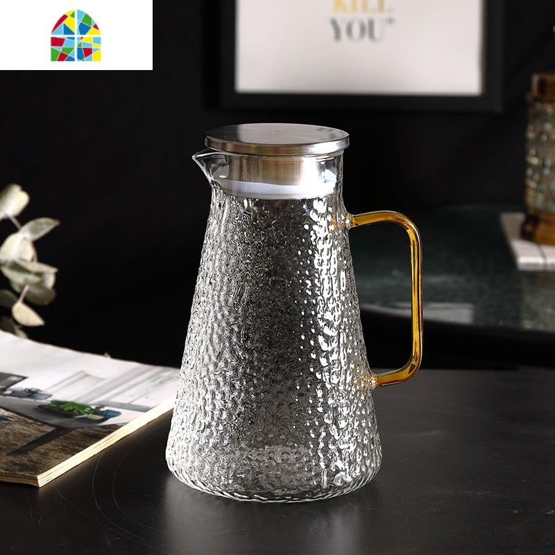 封后北欧风冷水壶家用玻璃凉白开水壶凉水杯套装创意耐热高温水壶客厅 FENG 1壶方柄+6锤纹矮杯+金6杯架+墨绿大凉水壶图片