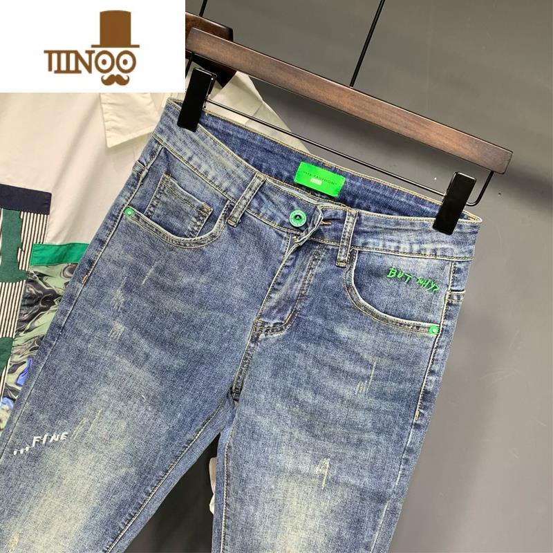 YANXU浅蓝色牛仔裤男夏季欧美潮牌刺绣复古修身小脚时尚痞帅网夏复帅仔高清大图