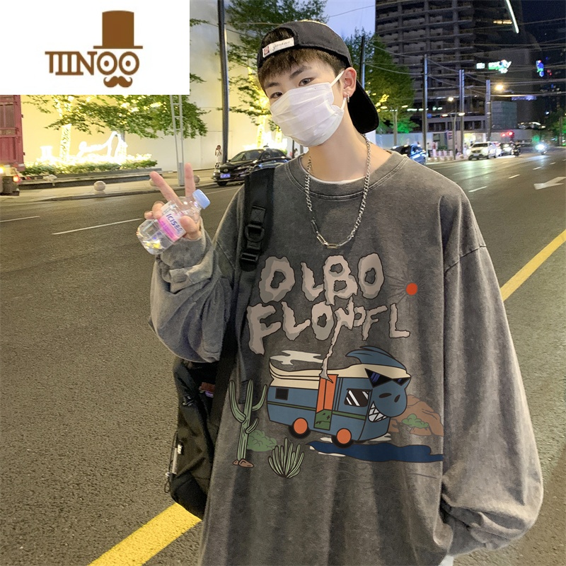 YANXU美式水洗复古T恤男士2023新款男生长袖宽松休闲上衣N高清大图